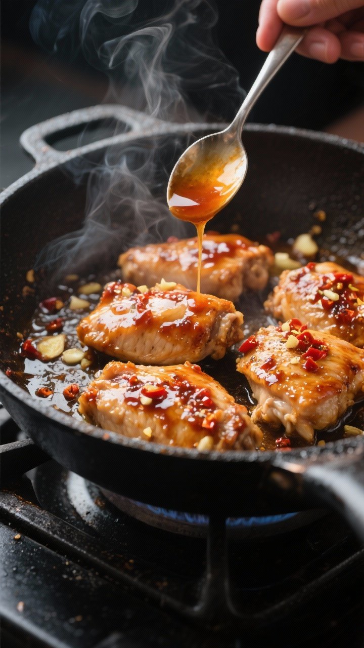 Close-up detail shot: Glazed boneless skinless chicken thighs sizzling in a large skillet during the
