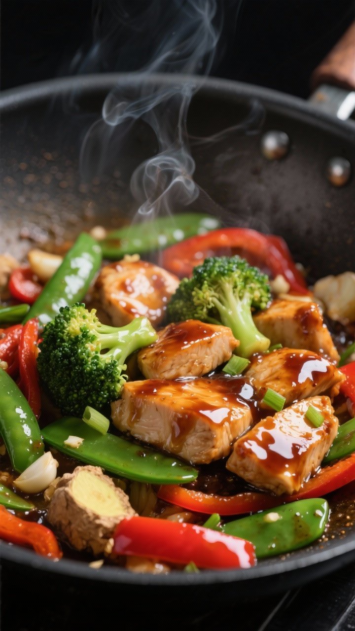 Close-up detail shot: Glossy teriyaki chicken and crisp-tender vegetables sizzling in a wok at mediu