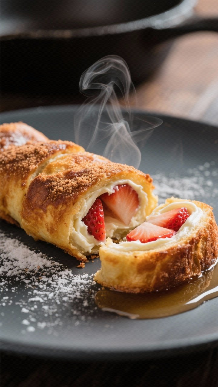 Close-up detail shot: Golden-brown French toast roll-ups just out of the skillet, rolled in a gliste