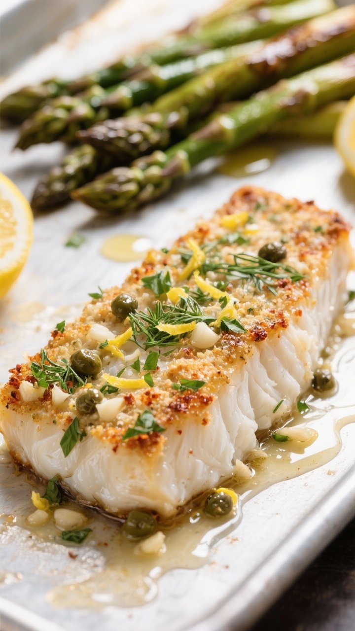 Close-up detail shot: Lemon-herb crusted baked cod just out of the oven, showing flaky, moist white 