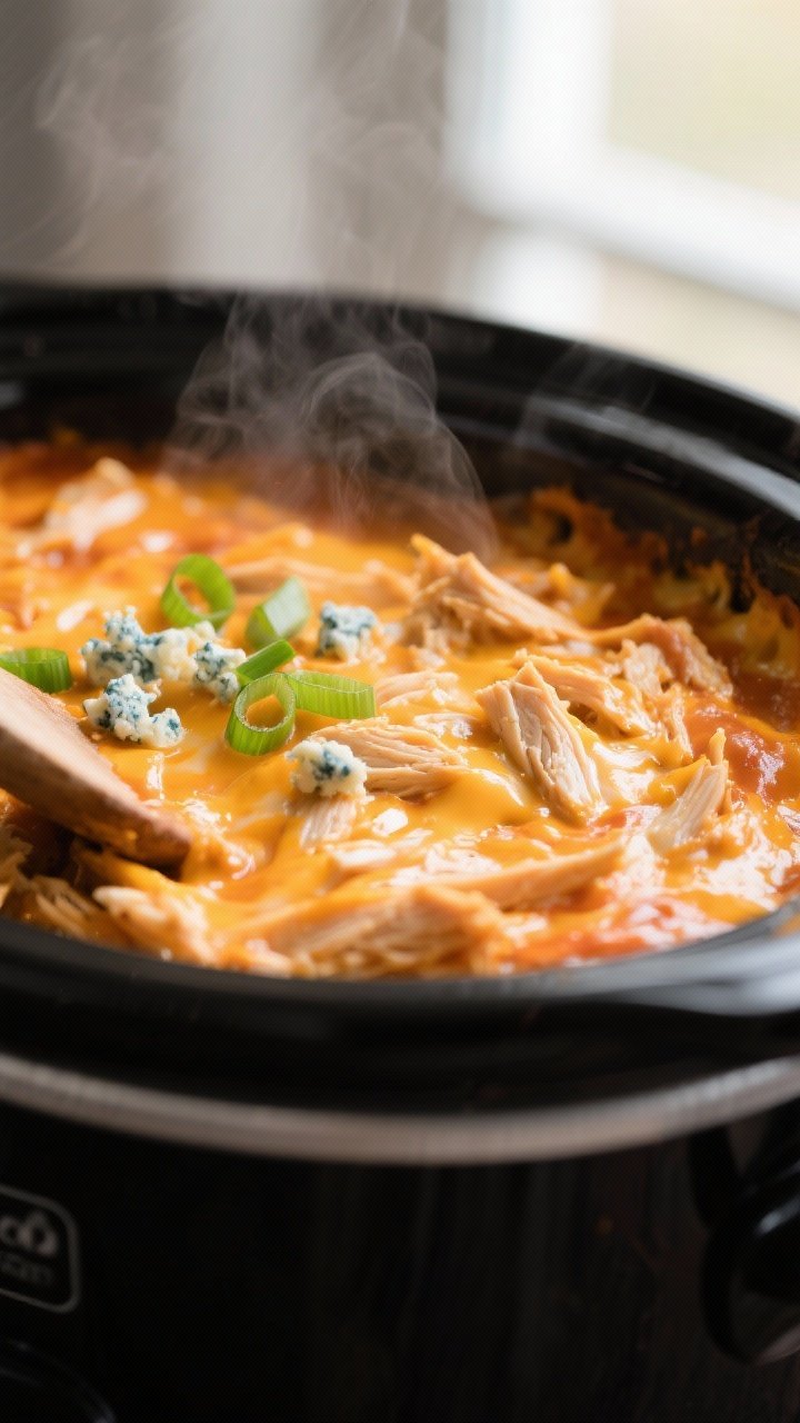 Close-up detail shot of molten buffalo chicken dip just after stirring to silky in the crockpot: rib