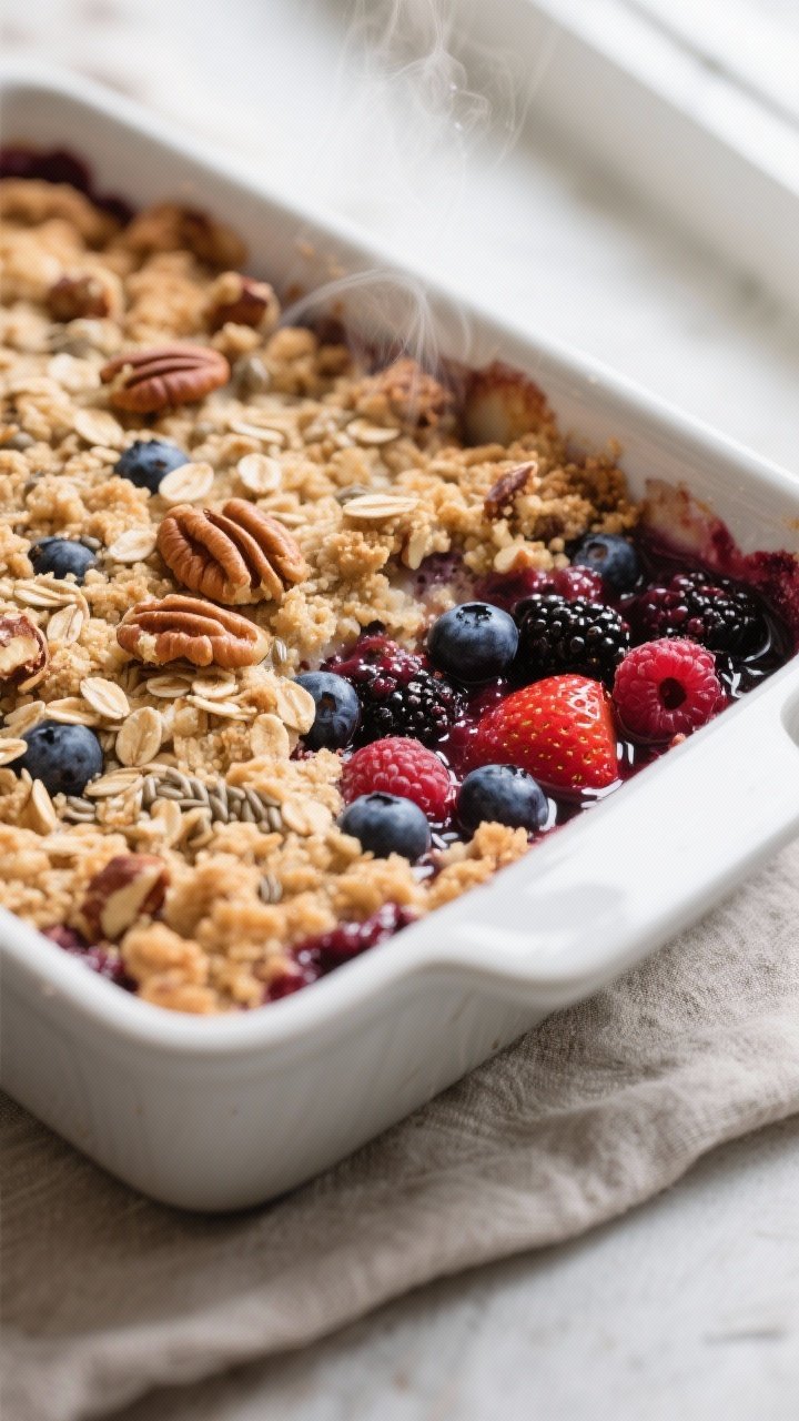 Close-up detail shot of the baked mixed berry crumble just out of the oven: bubbling blueberry-raspb