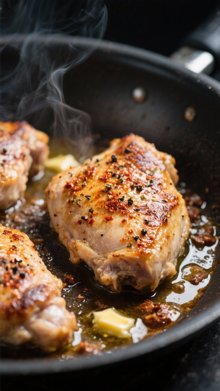 Close-up detail shot: Searing boneless skinless chicken thighs in a large skillet, deeply golden cru