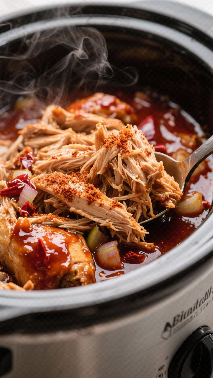 Close-up detail shot: Shredded BBQ pulled chicken just after reduction, glistening with a thick, glo