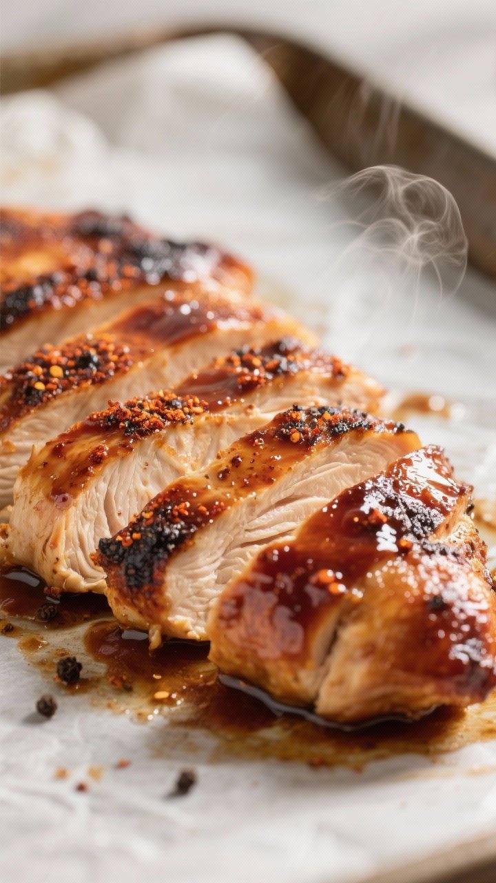 Close-up detail shot: Sliced roasted BBQ chicken breasts just out of the oven, glossy reduced-sugar 