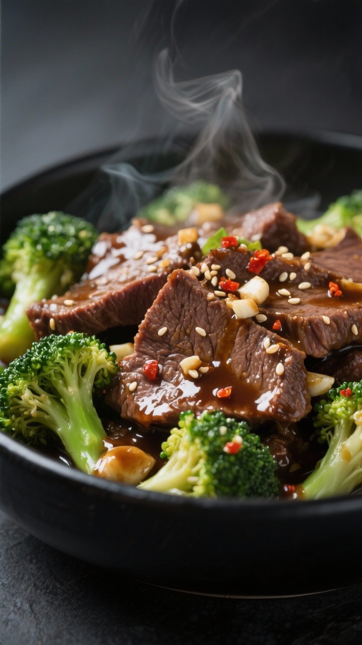 Close-up detail shot: Tender slices of slow-cooked beef coated in a glossy soy-garlic-ginger sauce j