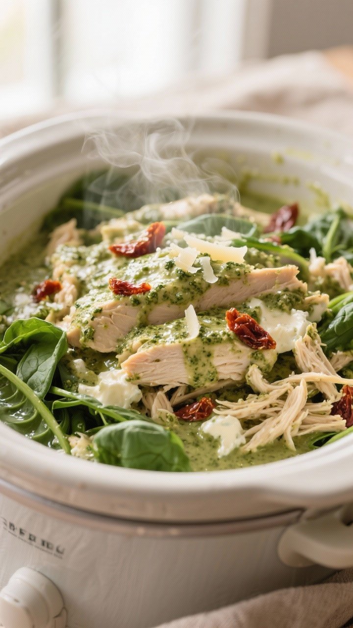 Close-up detail: Shredded creamy pesto chicken just returned to the crockpot and tossed in a silky, 