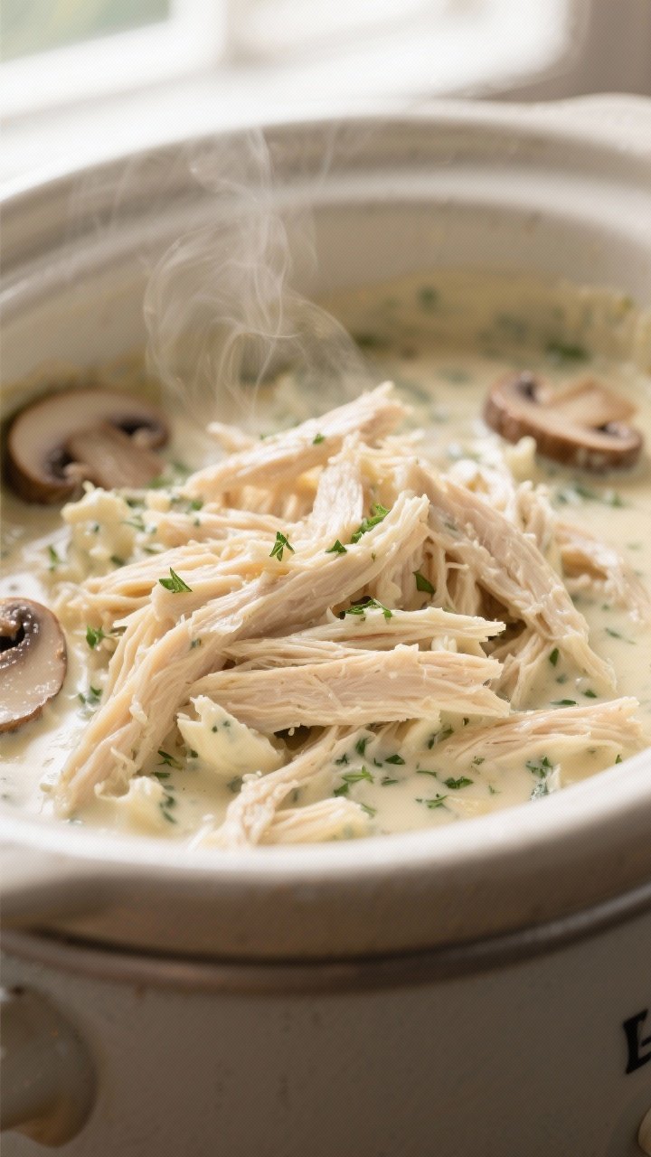 Close-up detail: Shredded creamy ranch chicken just pulled from the slow cooker, tender strands glis