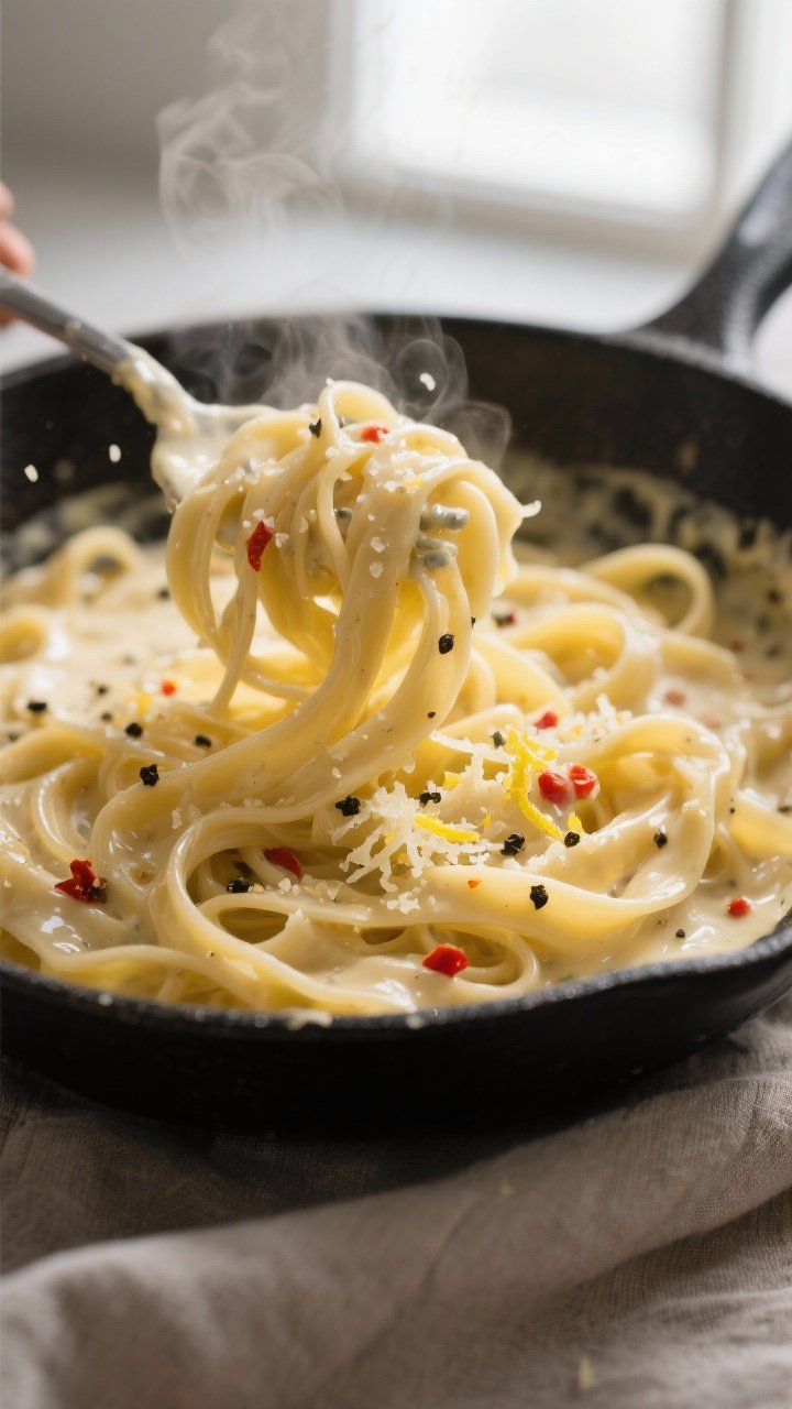 Close-up detail: Silky Alfredo-coated fettuccine being vigorously tossed in a skillet, ribbons of pa