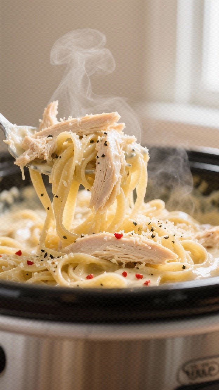 Close-up detail: Silky Chicken Alfredo being tossed in the crockpot at the finish—shredded chicken