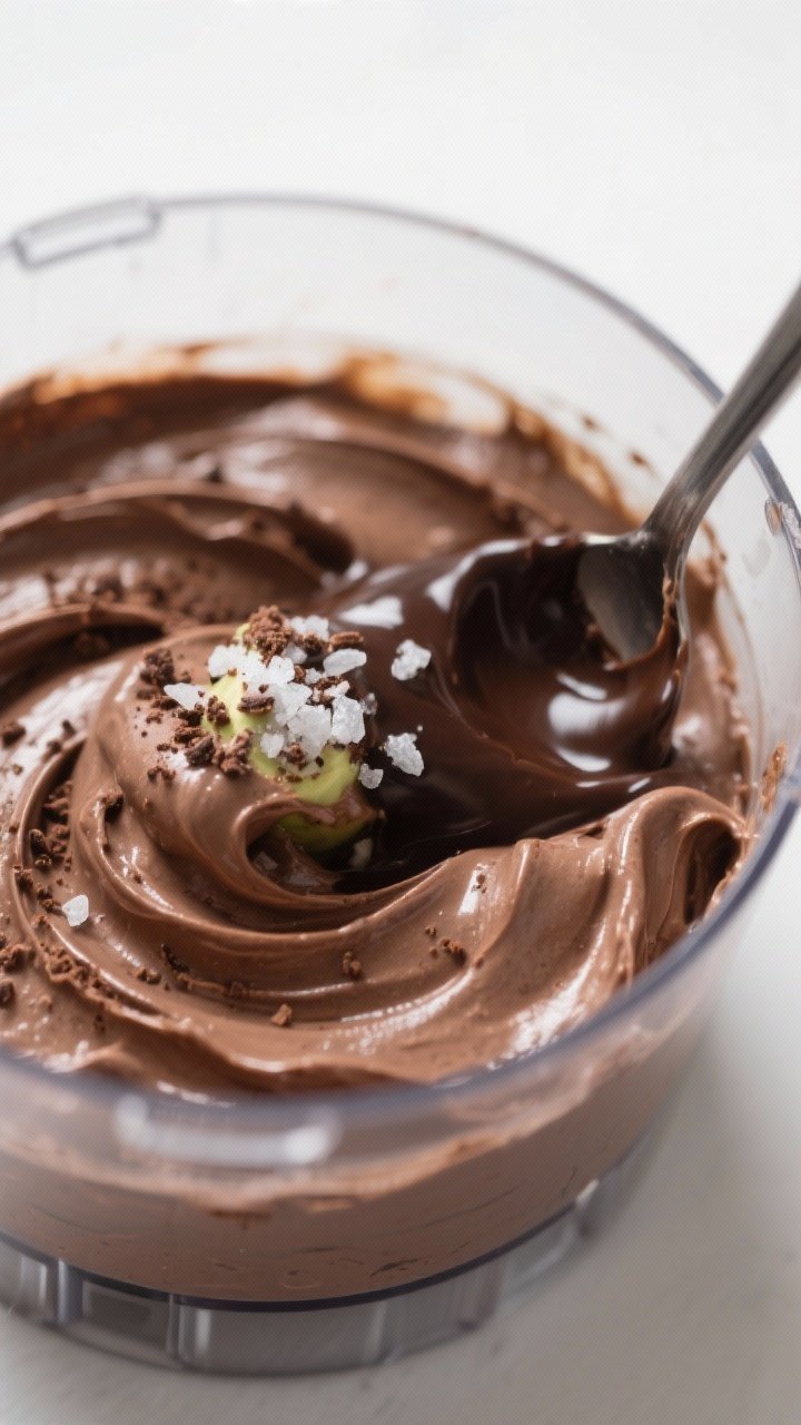 Close-up detail: Silky chocolate avocado mousse being blended to a cloud-smooth texture in a glass f