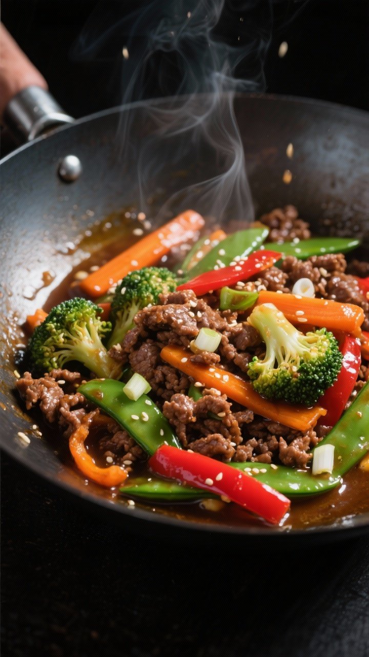 Close-up detail: Sizzling Asian beef and veggie stir fry mid-toss in a carbon-steel wok, glossy umam