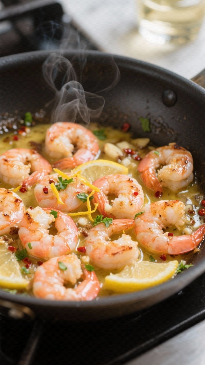 Close-up detail: Sizzling garlic butter shrimp in a skillet just after searing, plump pink shrimp cu