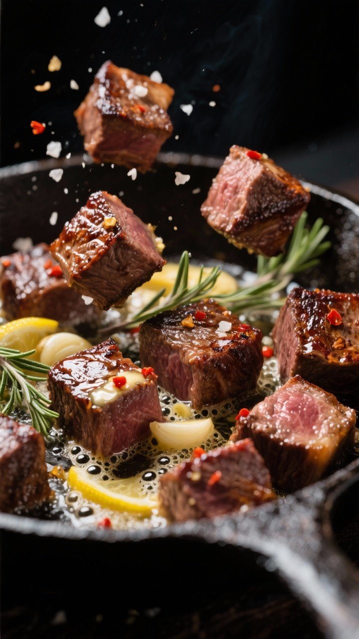 Close-up detail: Sizzling garlic butter steak bites in a cast-iron skillet mid-toss, showing deep ca