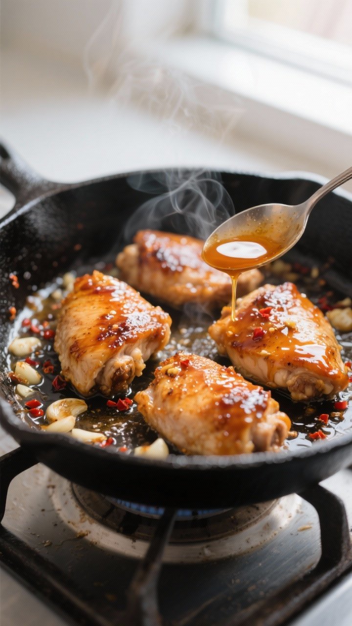 Close-up detail: Sizzling honey-garlic glazed boneless skinless chicken thighs in a black cast-iron 