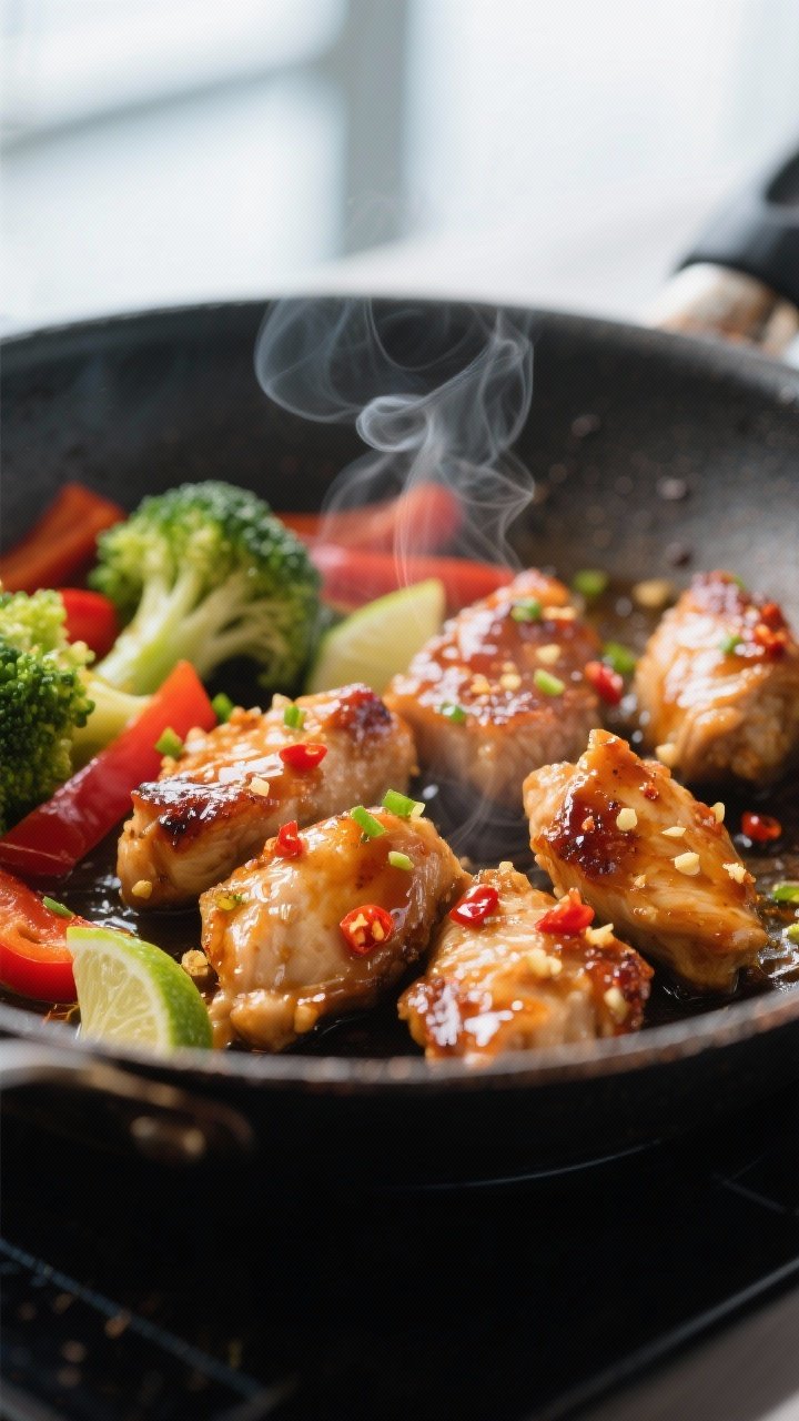 Close-up detail: Sizzling sweet chili chicken bites just after glazing in a hot skillet, lacquered g