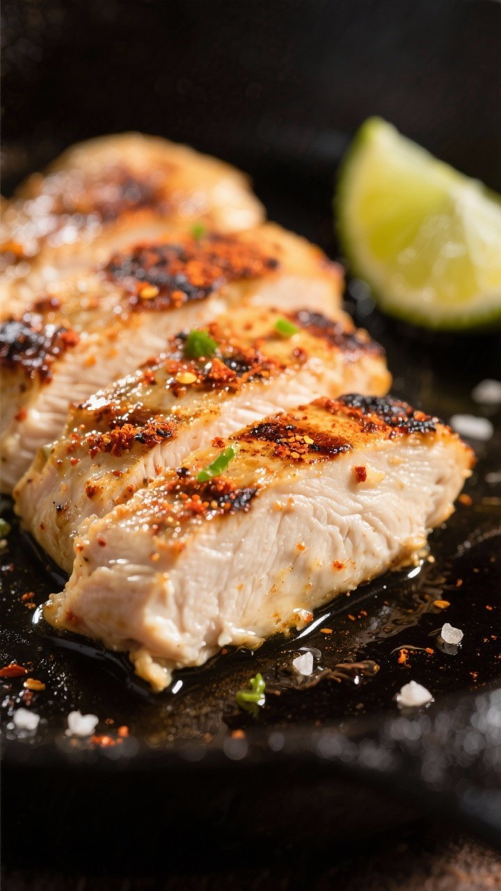 Close-up detail: Sliced chili-lime chicken just off the skillet, glistening with olive oil and speck