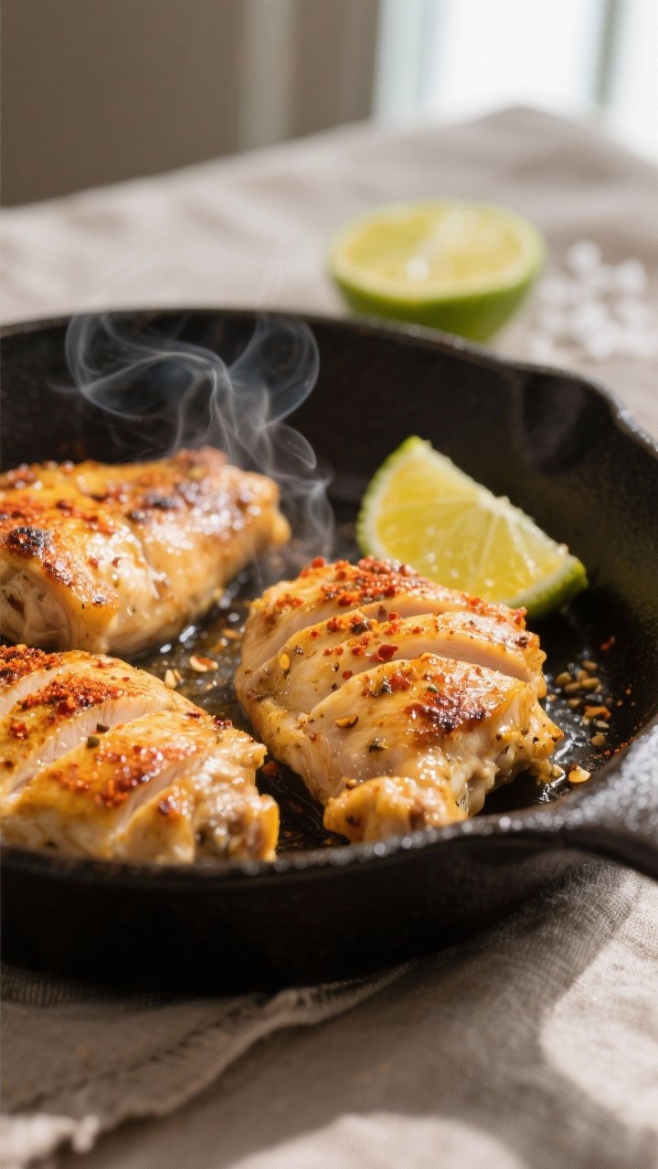 Close-up detail: Sliced citrus-marinated chicken thighs sizzling in a cast-iron skillet, golden sear