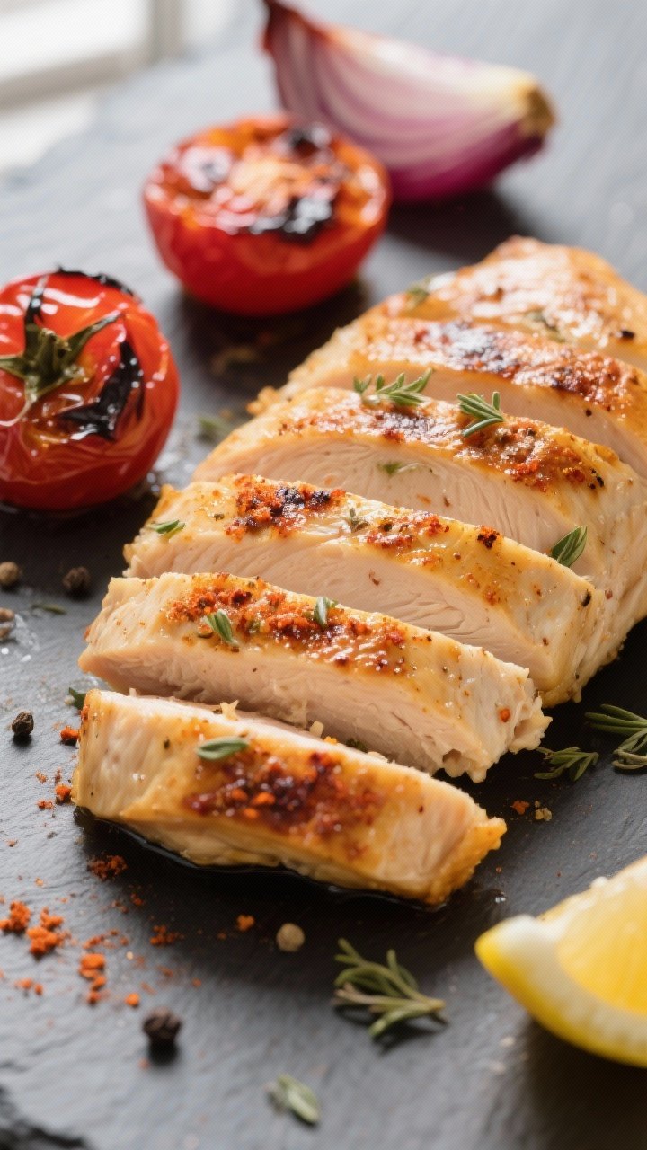 Close-up detail: Sliced Greek chicken breast just after resting, showing juicy interior and carameli