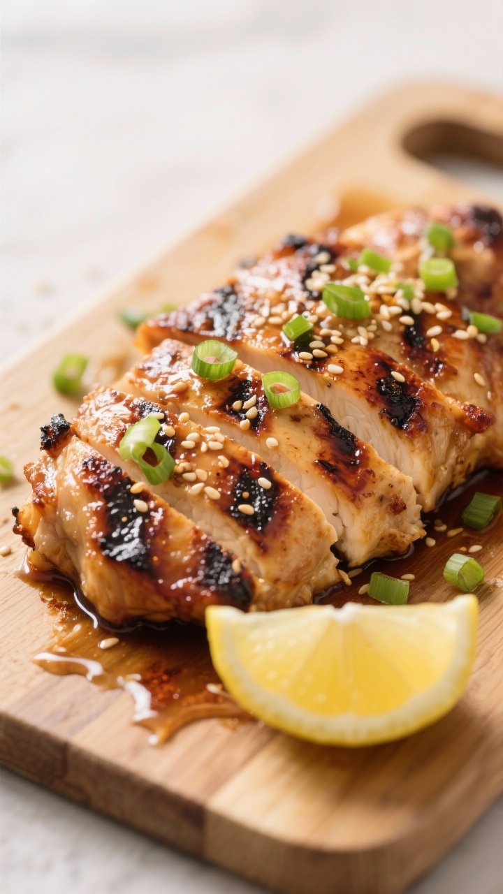 Close-up detail: Sliced grilled chicken thighs with deep char marks resting on a cutting board, juic