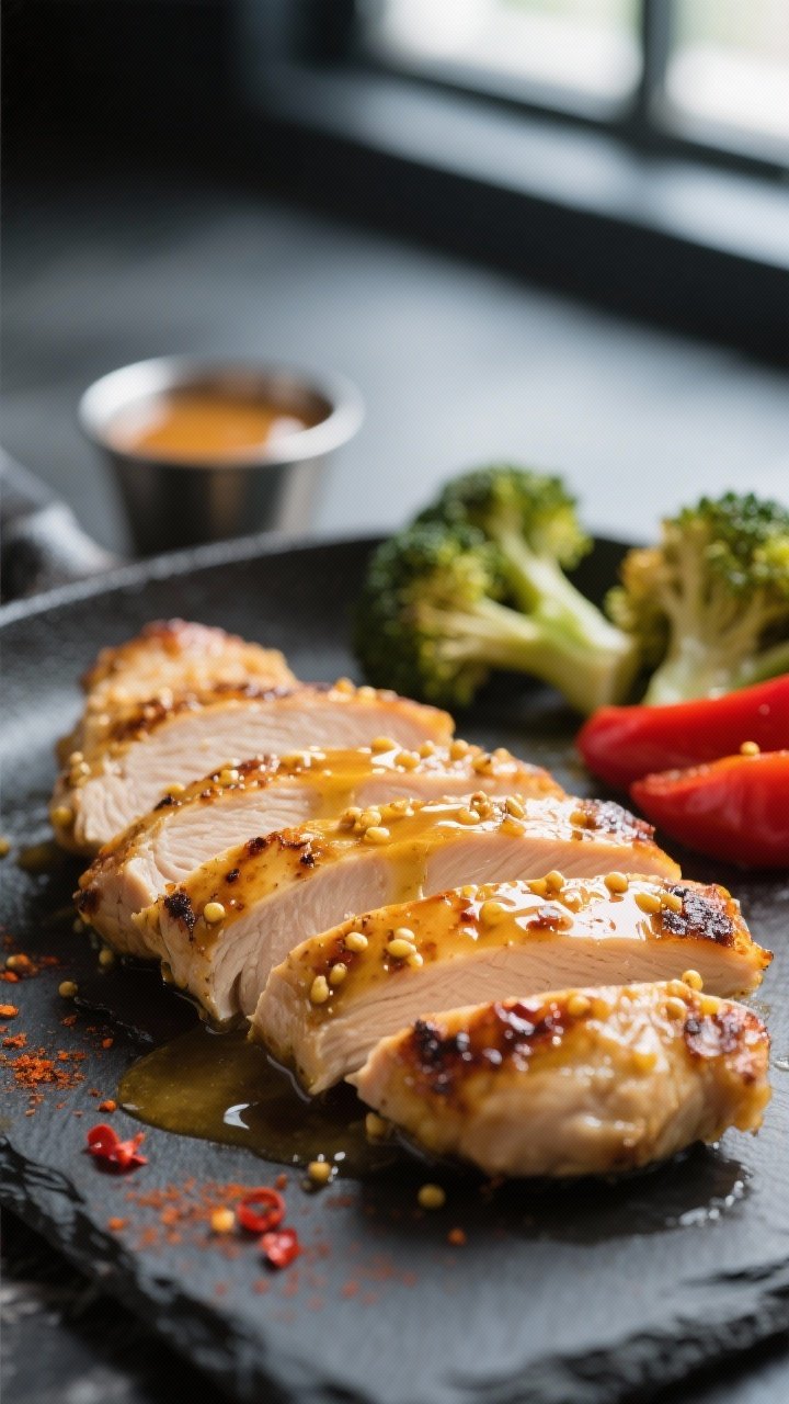 Close-up detail: Sliced honey mustard chicken just off the skillet, glistening with a thin lacquer o