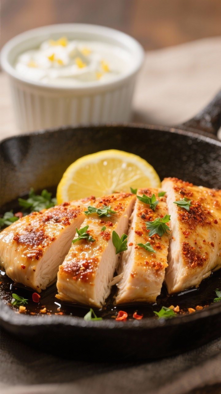 Close-up detail: Sliced lemon-oregano chicken just off the skillet, golden sear and visible paprika-