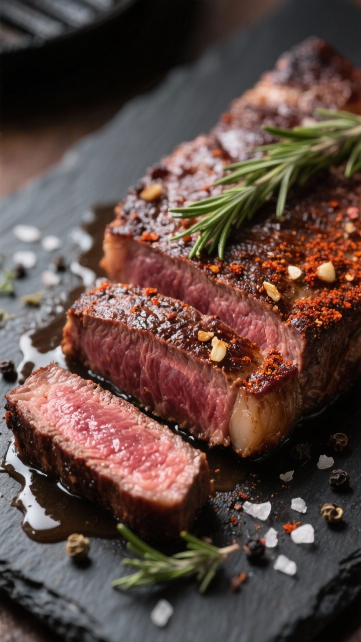 Close-up detail: Sliced medium-rare steak just off the grill/pan, showcasing a deep mahogany crust w