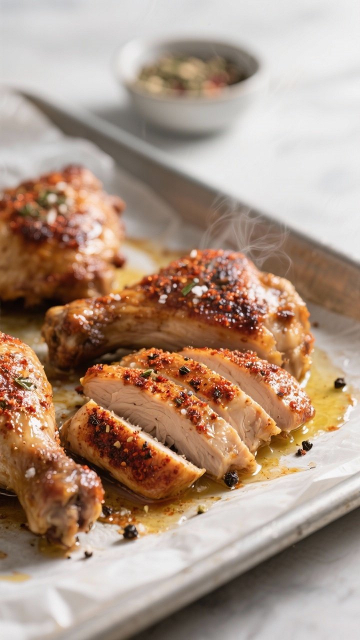 Close-up detail: Sliced roasted chicken thighs resting on a parchment-lined sheet pan, deeply browne