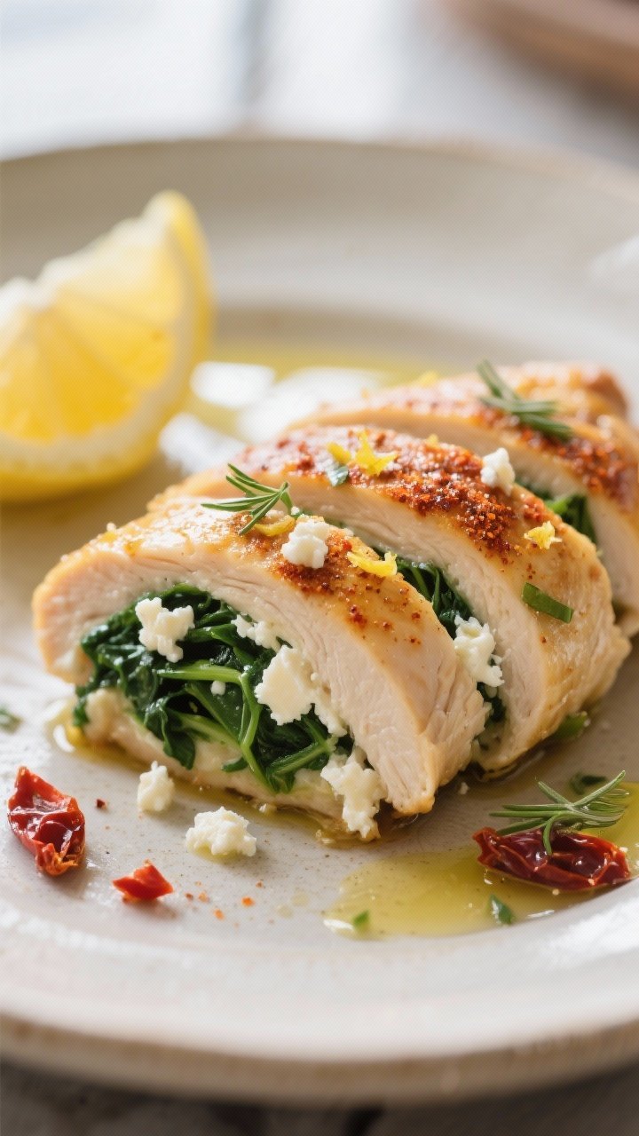 Close-up detail: Sliced spinach and feta stuffed chicken breast just after resting, showing juicy in