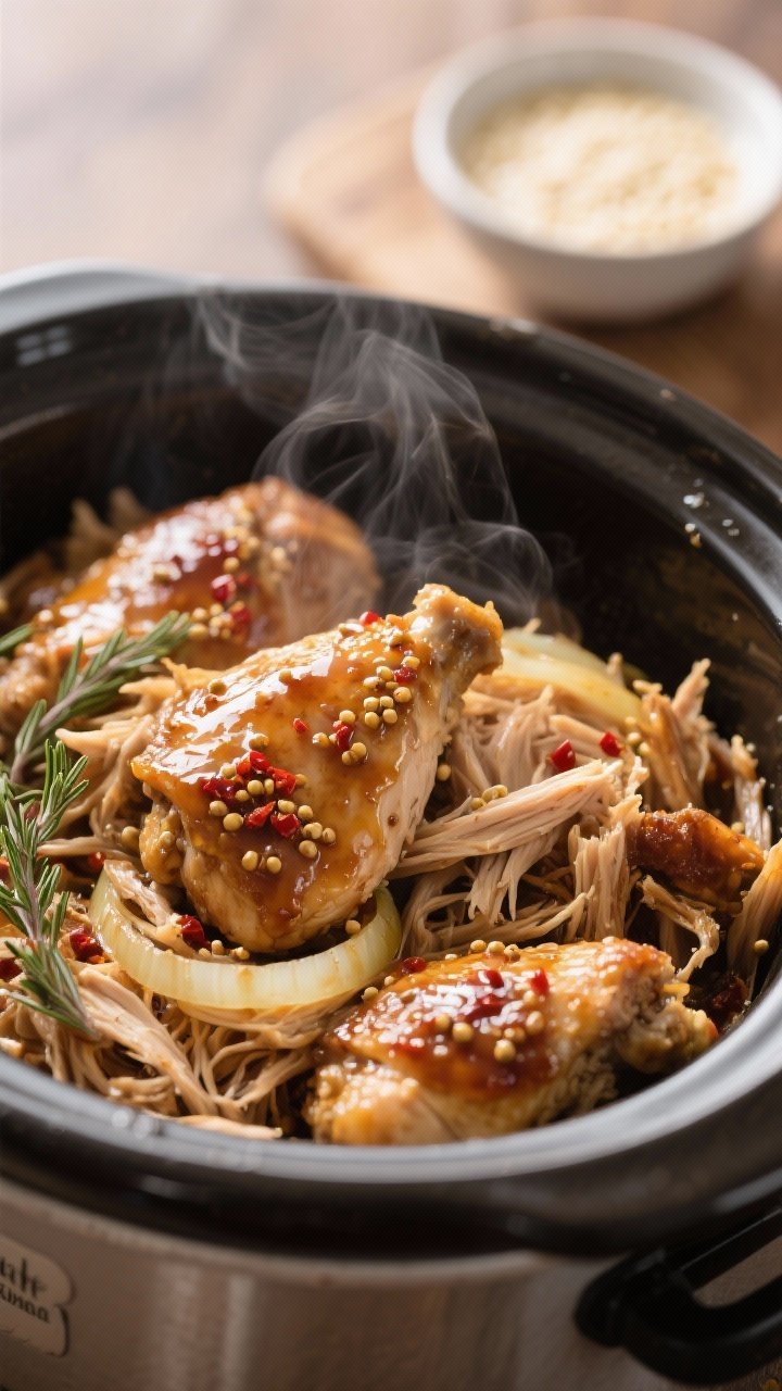 Close-up detail: Slow-cooked Maple Dijon chicken thighs just after shredding in the crockpot, gliste