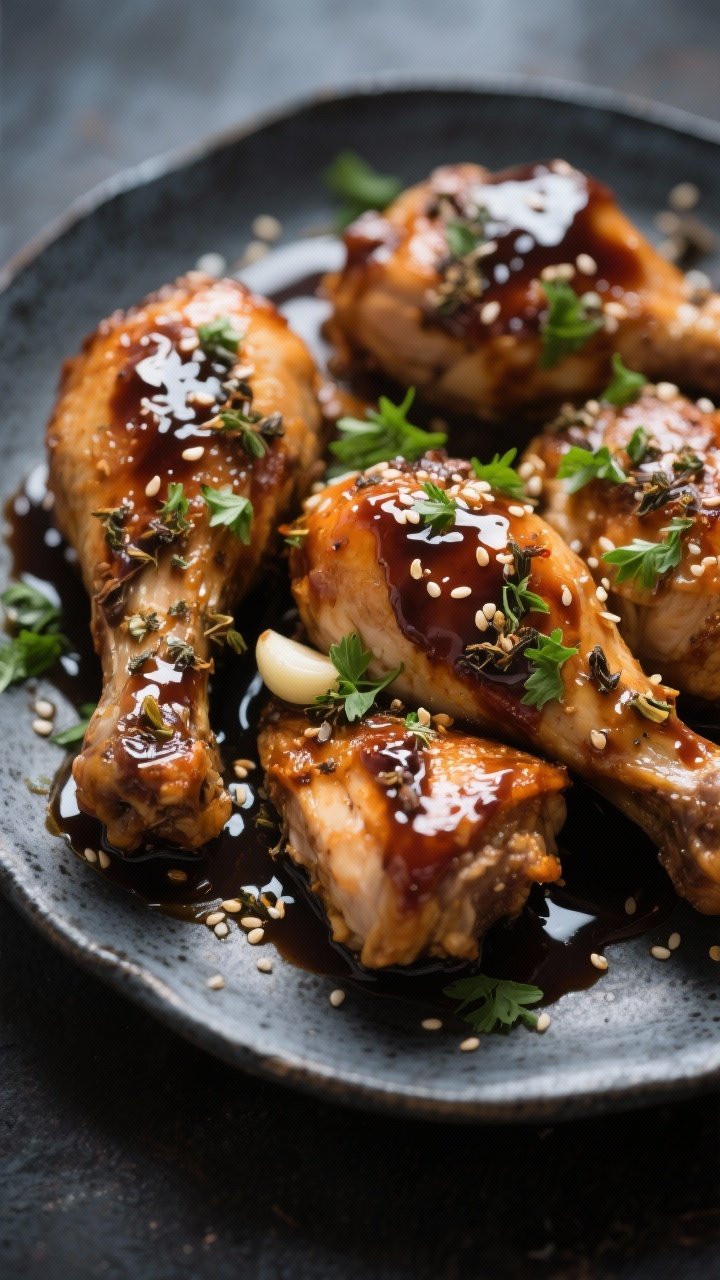 Close-up detail: Slow-cooker balsamic glazed chicken just after glazing, glossy lacquered sauce clin