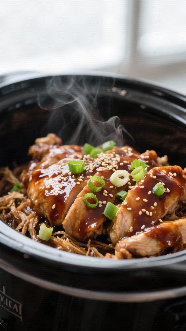 Close-up detail: Slow cooker teriyaki boneless skinless chicken thighs just after thickening, glossy
