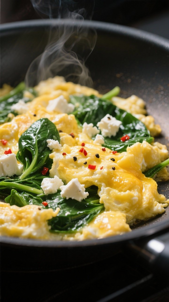 Close-up detail: Soft-scrambled eggs folded with wilted spinach and crumbled feta in a nonstick skil