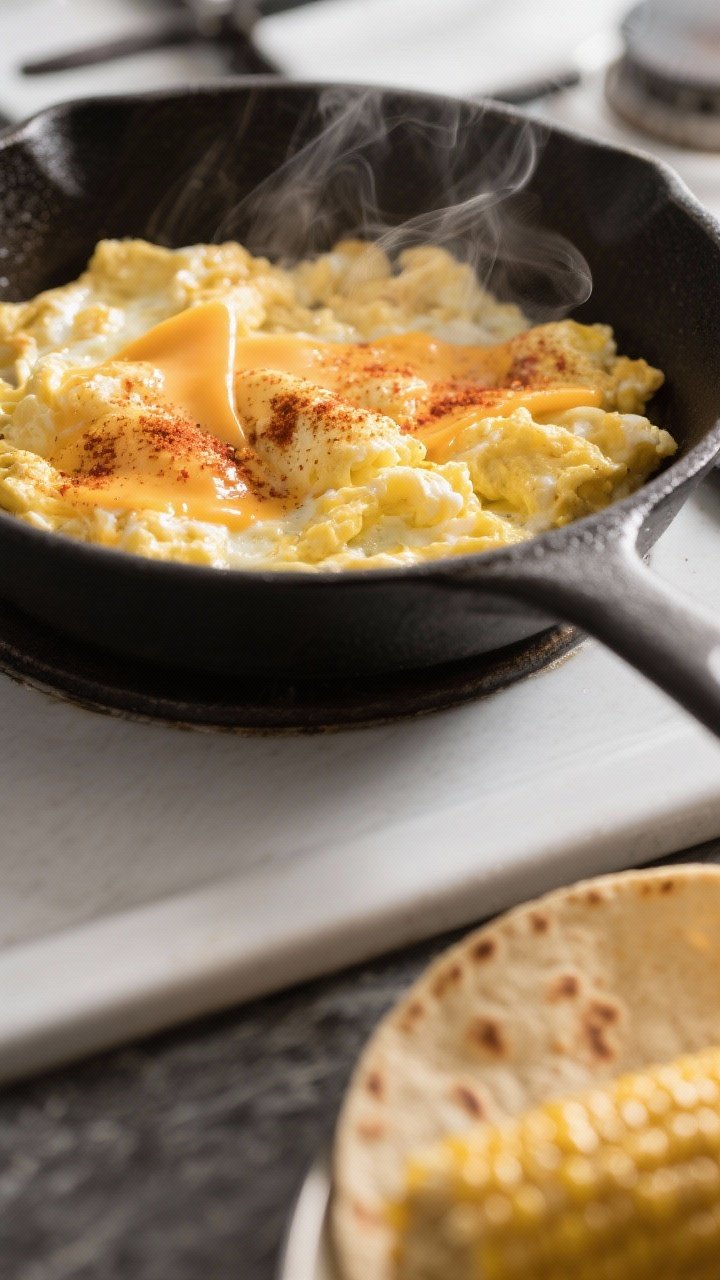 Close-up detail: Soft-scrambled eggs just off-heat in a nonstick skillet, glossy curds folded with m