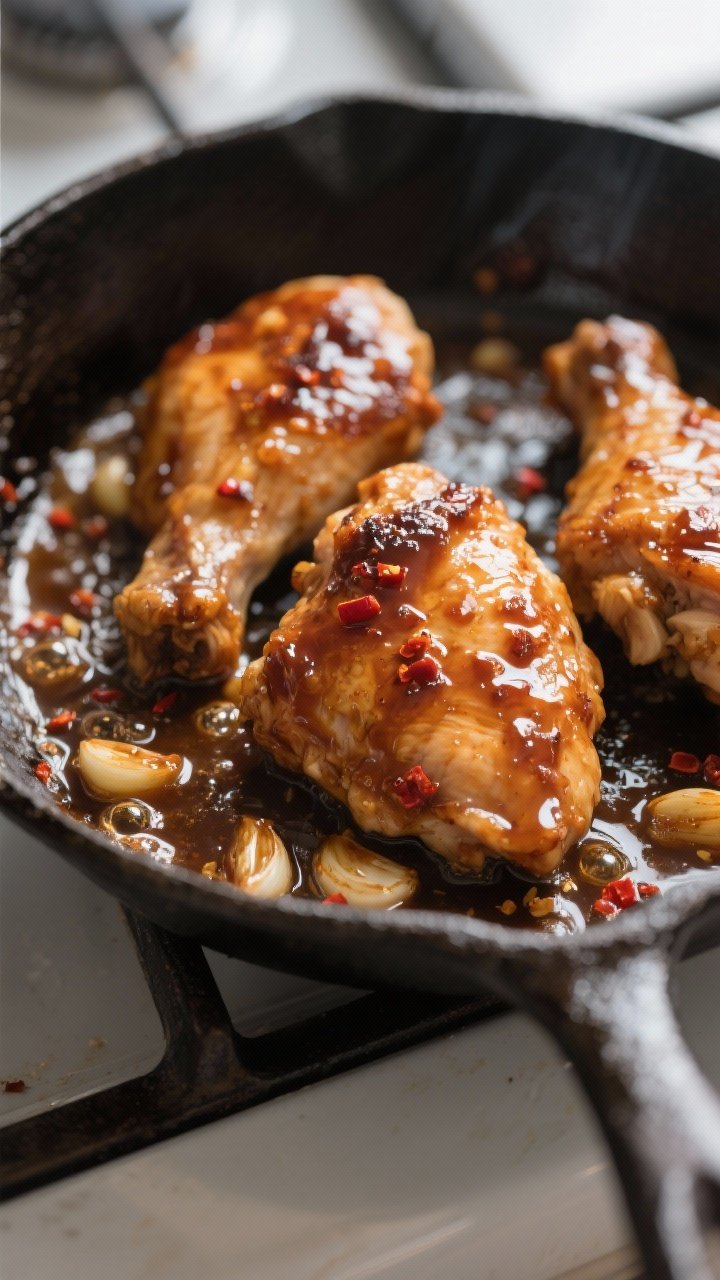 Close-up detail: Sticky, caramelized boneless skinless chicken thighs sizzling in a cast-iron skille