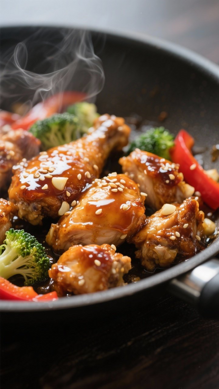 Close-up detail: Sticky honey-garlic chicken just glazed in the skillet, bite-sized thigh pieces lac