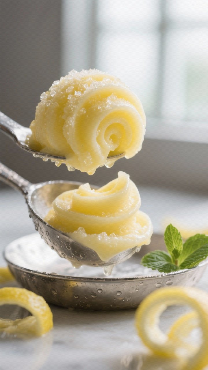 Close-up detail: Ultra-close shot of a perfectly scoopable lemon sorbet curl being lifted from a chi