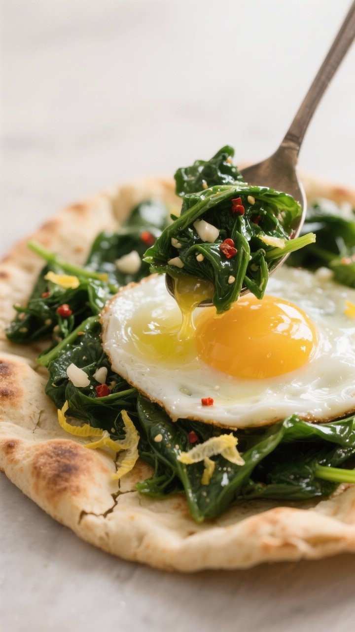 Close-up detail: Ultra-tight shot of garlicky sautéed spinach spooned over the crisp flatbread arou