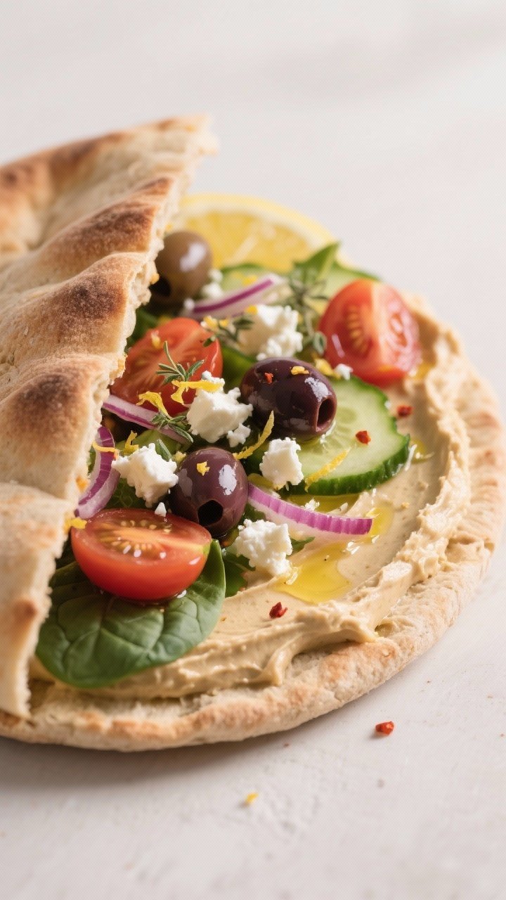Close-up detail: Warm whole wheat pita opened and slathered edge-to-edge with silky classic hummus, 