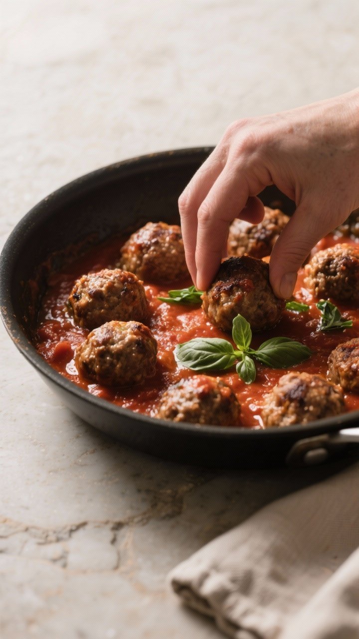 Cooking process action: Meatballs being gently nestled into a wide skillet of freshly simmered marin