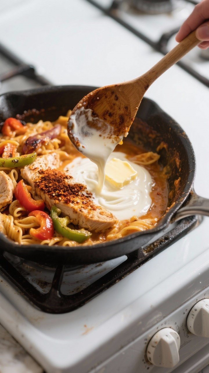 Cooking process action: One-skillet deglaze moment for creamy Cajun chicken pasta—wooden spoon scr