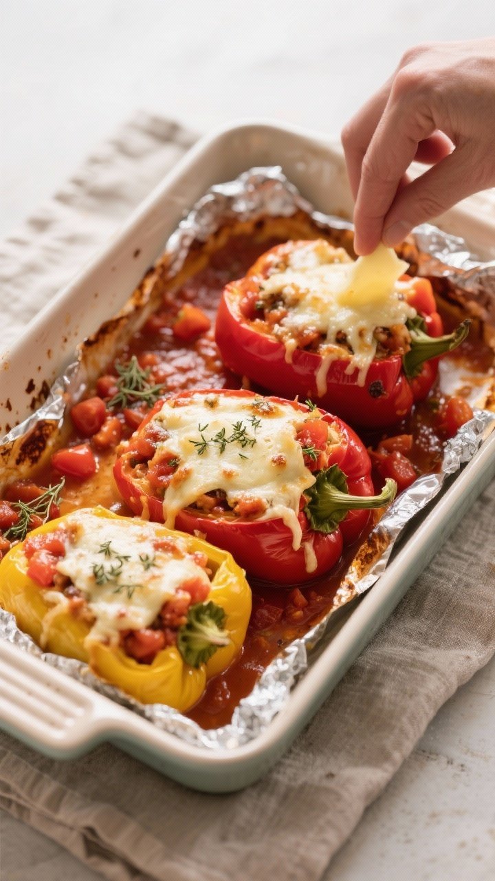 Cooking process action: Stuffed bell peppers in a 9x13 baking dish right after the foil is removed, 