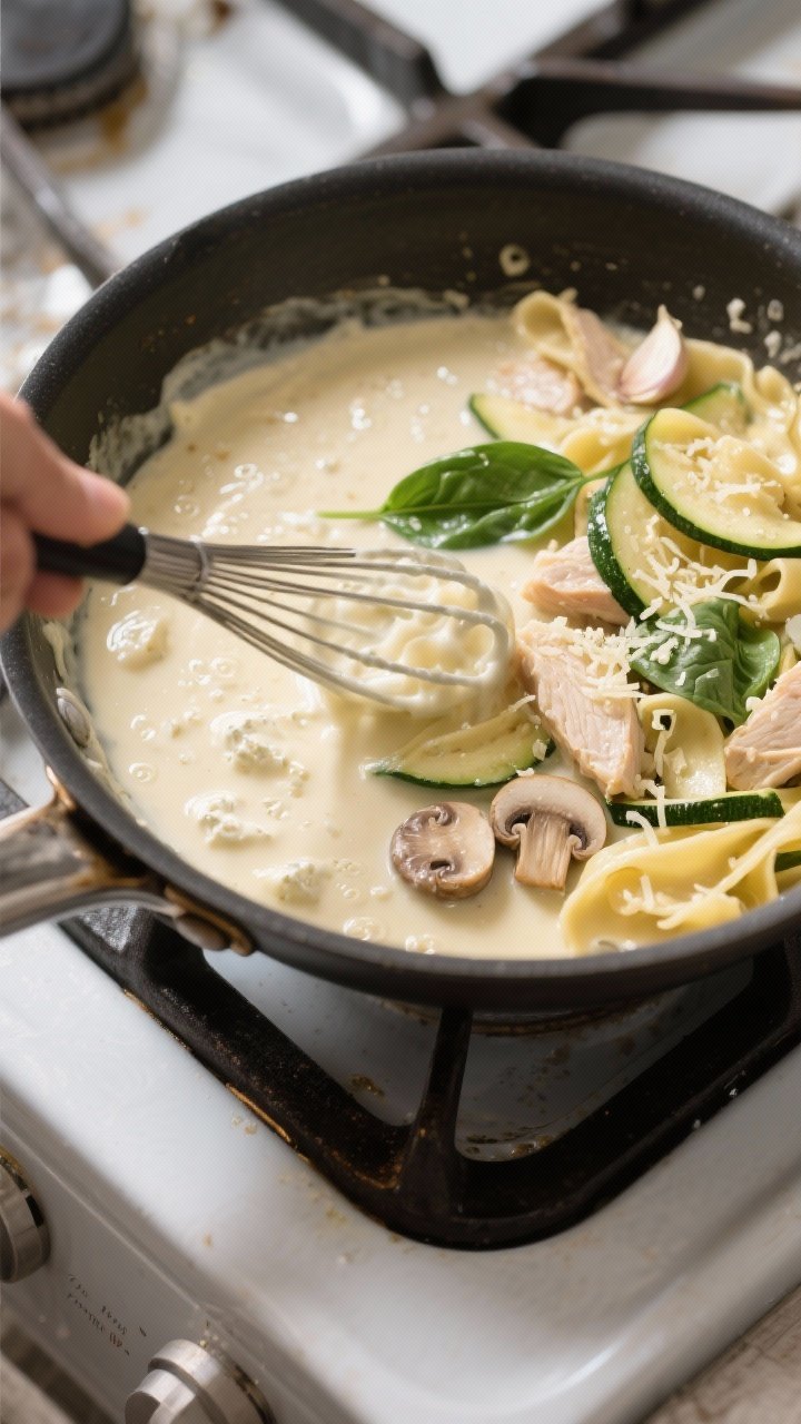 Cooking process: Alfredo sauce being whisked in a large skillet—silky heavy cream emulsified with 