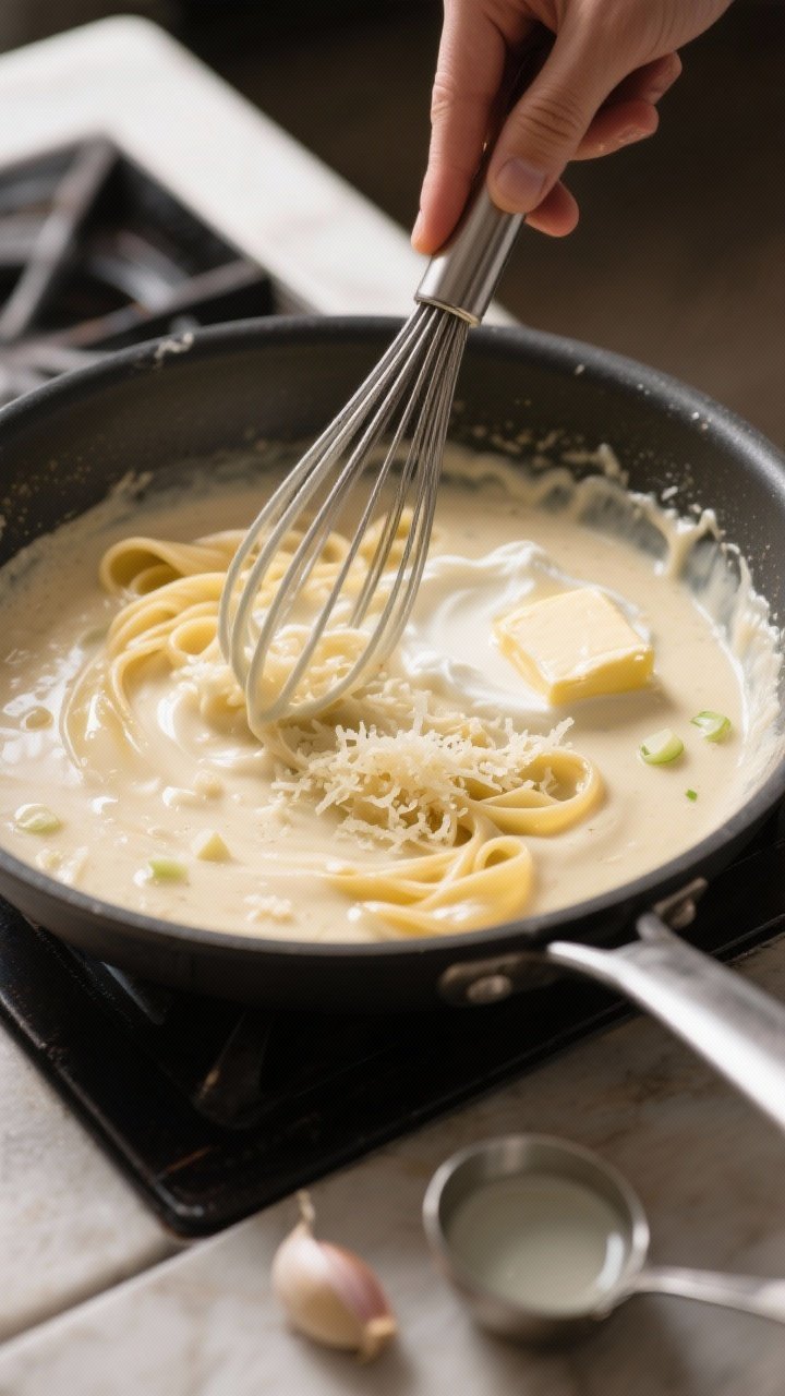 Cooking process: Alfredo sauce coming together in a stainless skillet—whisk lifting a silky, light