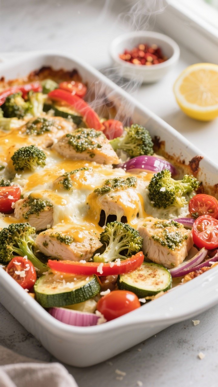 Cooking process: Baked pesto chicken and veggie casserole just out of the oven after the mozzarella 