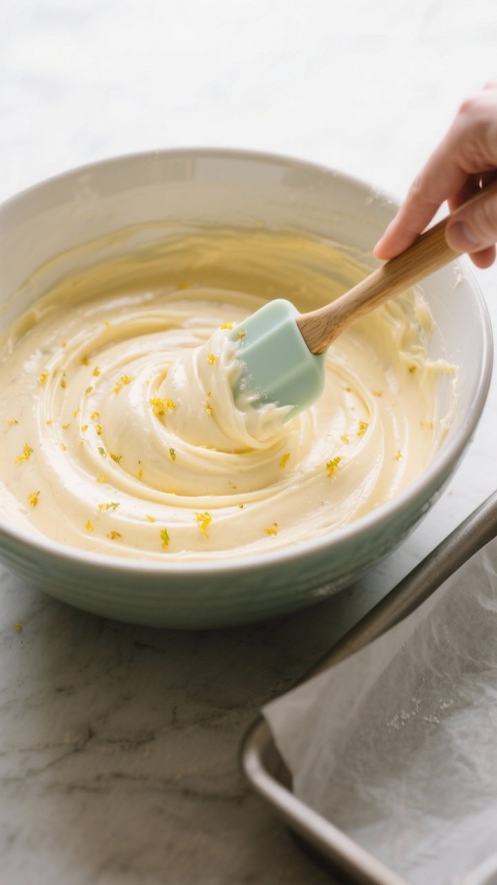 Cooking process: Batter being folded just until combined in a large mixing bowl, showing ribbons of 