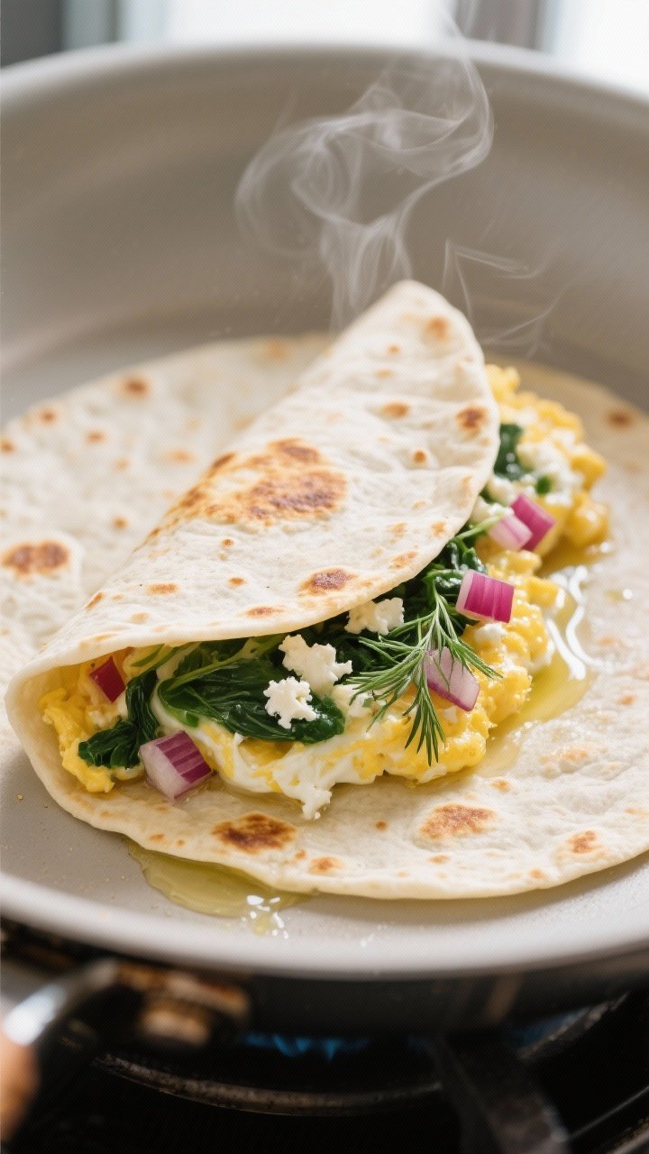 Cooking process: Breakfast wrap being sealed and crisped seam-side down in a clean skillet, tortilla