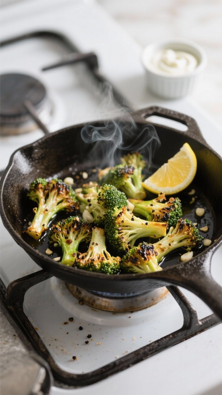 Cooking process: Broccoli florets charring in a cast-iron skillet, edges blistered and crisp-tender 