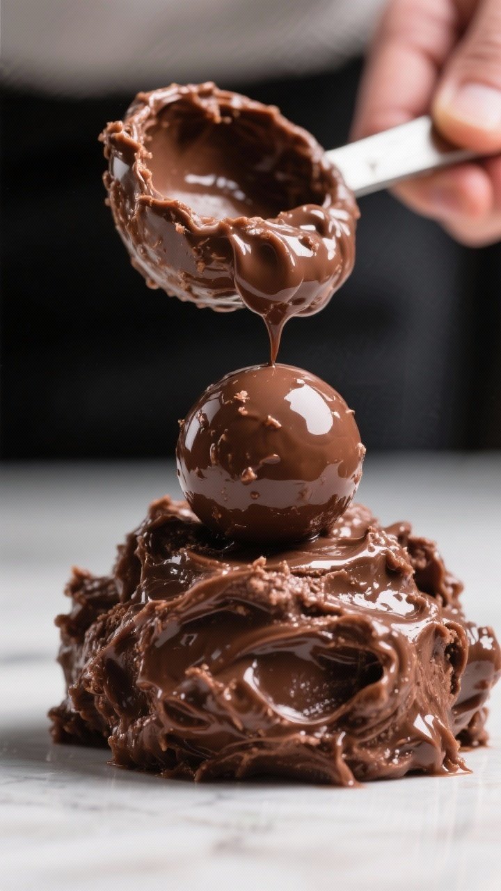 Cooking process close-up: A mound of glossy chocolate protein ball dough being scooped and rolled in