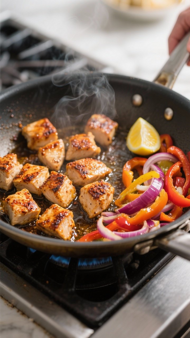 Cooking process close-up: Cajun-spiced chicken cubes searing in a large stainless skillet, edges sli